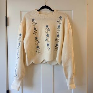 Mable embroidered floral blue and cream scallop knit sweater top